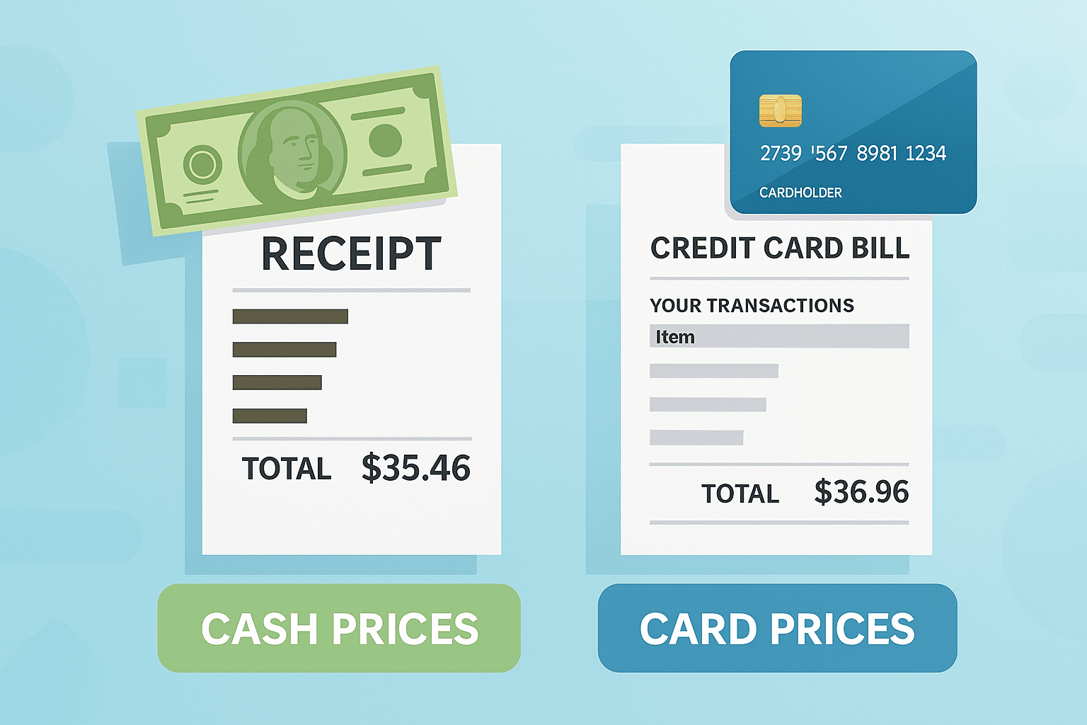 dual pricing comparison between bill paid in cash versus with credit card