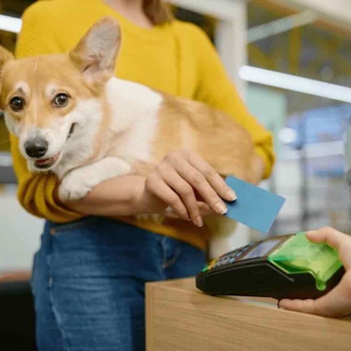 woman paying using a pet groomers pos system